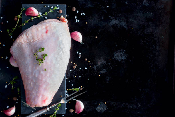 istock Fresh raw turkey meat on a dark background, selective focus 1034987238