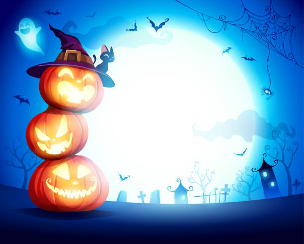 stos dyni halloween. ułożone dynie w świetle księżyca. jack o latarnia. - pumpkin patch stock illustrations