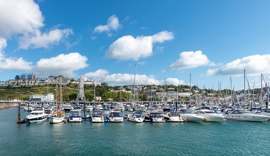 Rows of boats moored in the marina in Torquay, Devon