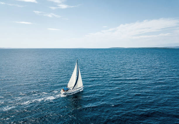 Aerial view of a sailing boat Aerial view of a sailing boat sail stock pictures, royalty-free photos & images