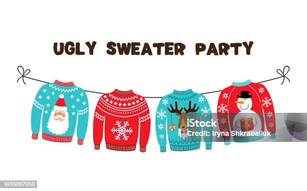 추한 스웨터 크리스마스 파티를 위한 귀여운 배너 크리스마스에 대한 스톡 벡터 아트 및 기타 이미지 - 크리스마스, 스웨터, 추함