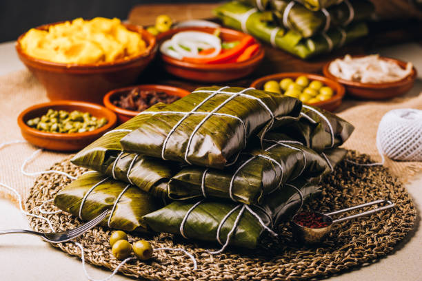 Group of ingredients for the elaboration of Christmas hallacas, typical Venezuelan dish stock photo