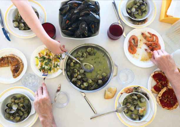 istock People eating seafood. Top view 1035011868