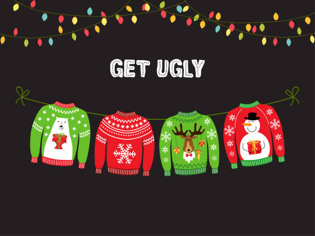 ilustrações, clipart, desenhos animados e ícones de lindo banner para festa de natal de camisola feia - ugly sweater