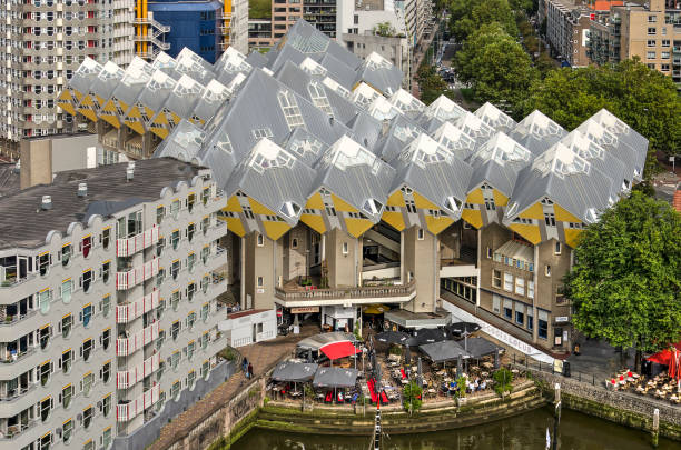 Rotterdam, The Netherlands, September 8, 2018: aerial view of the forestlike cube houses development from the 1980's next to the Old Harbour (Oude Haven)