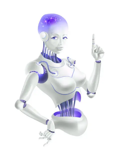 Vector illustration of A robot woman holding an index finger up