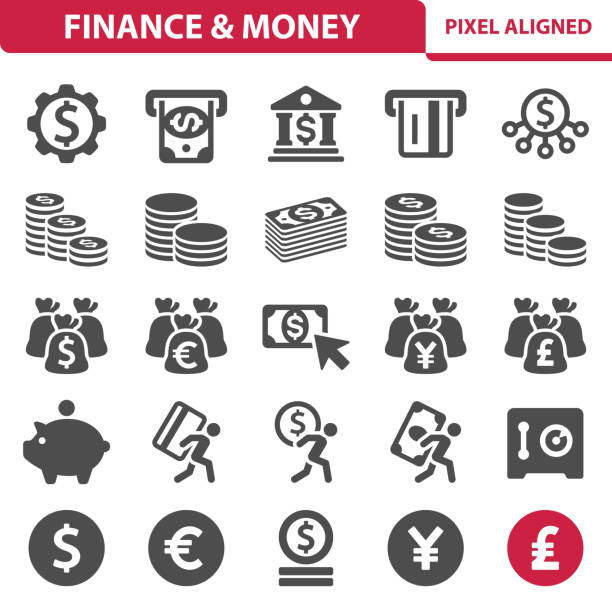 ilustraciones, imágenes clip art, dibujos animados e iconos de stock de finanzas & iconos de dinero - money bag currency financial item bag