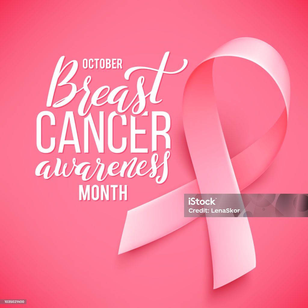 Poster with handdrawn lettering breast cancer. Realistic pink ribbon. Poster with handdrawn lettering. Realistic pink ribbon. Symbol of breast cancer awareness month in october. Vector illustration. Breast Cancer Awareness stock vector