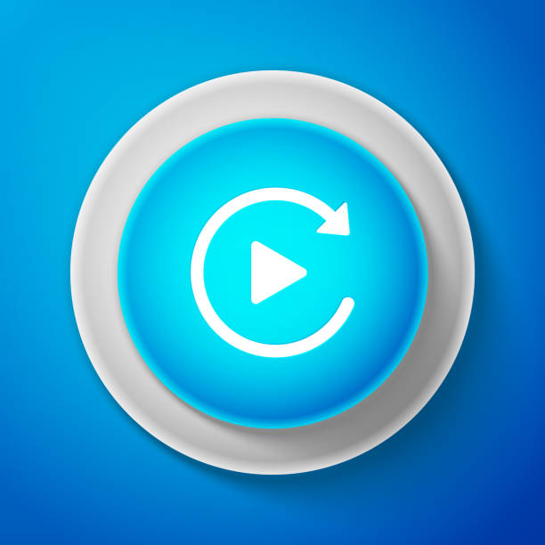 青の背景に分離された単純な再生アイコンのようなホワイトのビデオ再生ボタン。白い線と青い丸ボタン。ベクトル図 - 再試合点のイラスト素材／クリップアート素材／マンガ素材／アイコン素材