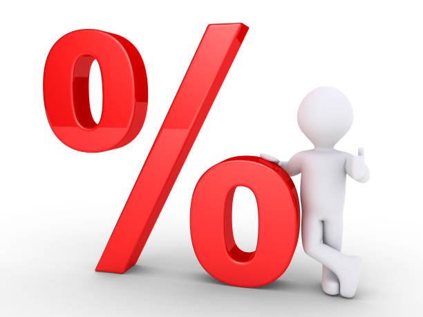 3d person is leaning on a big percent symbol