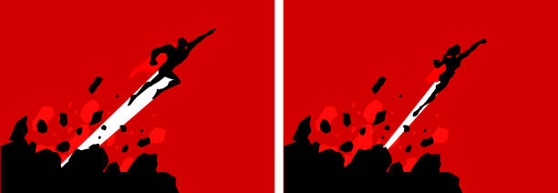 Vector Superheroes Flying Out of Rocks Silhouette vector art illustration