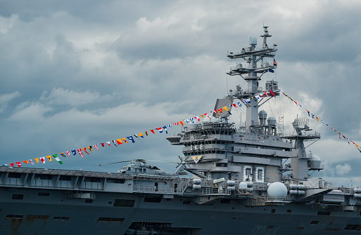 Halifax, Canada - July 4, 2017 - The Dwight D. Eisenhower Nuclear-powered aircraft carrier currently in service with the United States Navy anchored in Halifax harbour.