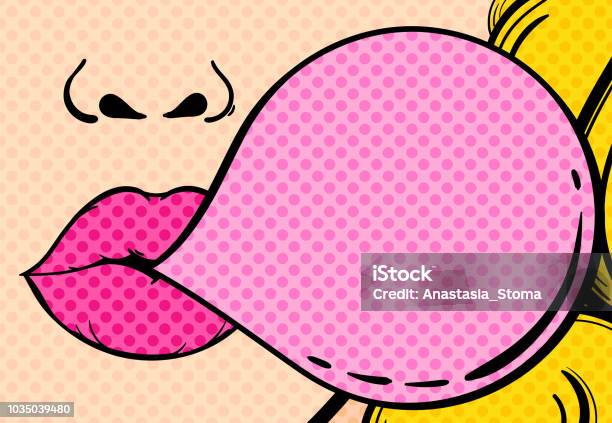 Womans Face With Pink Lips Stock Illustration - Download Image Now - Pop Art, Bubble Gum, Retro Style