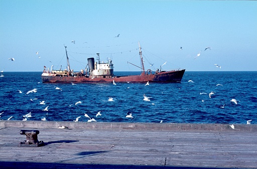 Rostock, Mecklenburg-Vorpommern, Germany, 1966. Old herring catcher on the Baltic Sea.