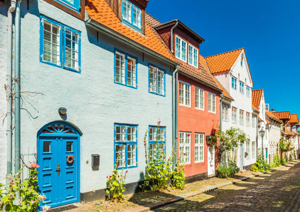 View of a typical german-danish street with colored houses. Traditional architecture style. Flensburg, Germany stock photo