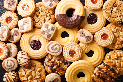 Beautiful cookies assorted close-up. background horizontal view from above