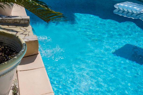 istock View on blue swimming pool with Plam 1035053766