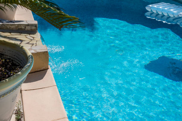 istock View on blue swimming pool with Plam 1035053830