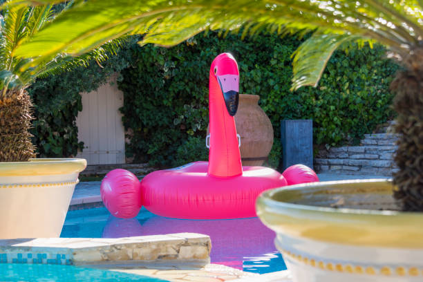 istock View on blue swimming pool with Plam 1035056992