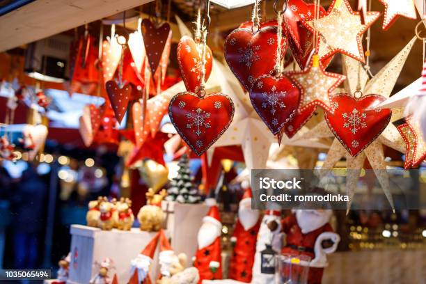 Different Decoration Toy For Xmas Tree On Christmas Market Close Up Of Cozy Handmade Hearts Stock Photo - Download Image Now