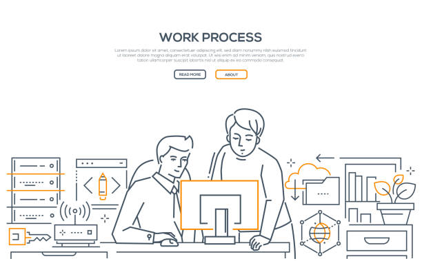 Work process - modern line design style banner Work process - modern line design style banner on white background. High quality composition with two men, business colleagues discussing the project at the computer, one helping another computer programmer illustrations stock illustrations