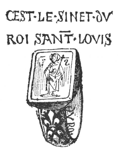 The signet ring of Louis IX, King of France. He is commonly known as Saint Louis. (circa 13th century). Vintage etching circa mid 19th century.