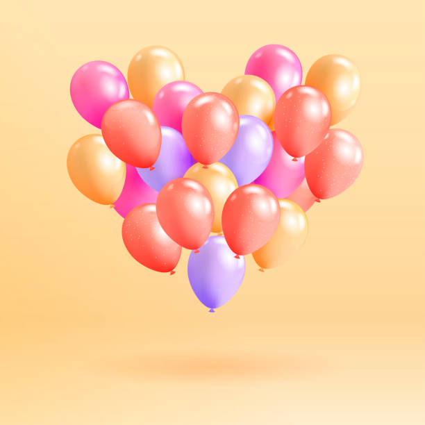istock Heart shape made of realistic glossy helium balloons floating on yellow background. Vector 3D balloons for Valentine's day, wedding or promotion banners or posters. Pastel colored balloons 1035108018