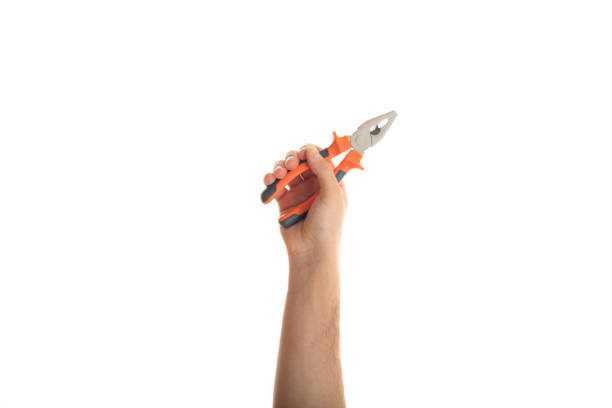 Hand with pliers pincers isolated on white background,