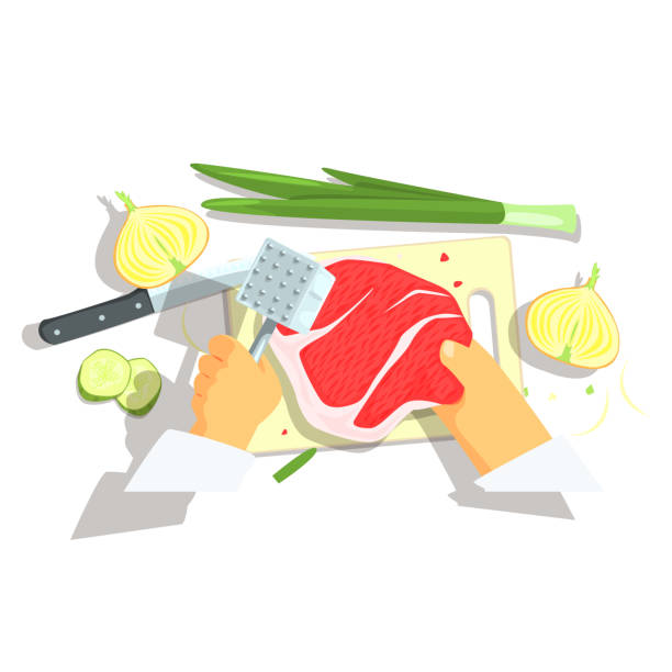 ilustraciones, imágenes clip art, dibujos animados e iconos de stock de manos de cocinero profesional corte ingredientes para chuleta de cerdo con cebolla de cocina - pork chop illustrations