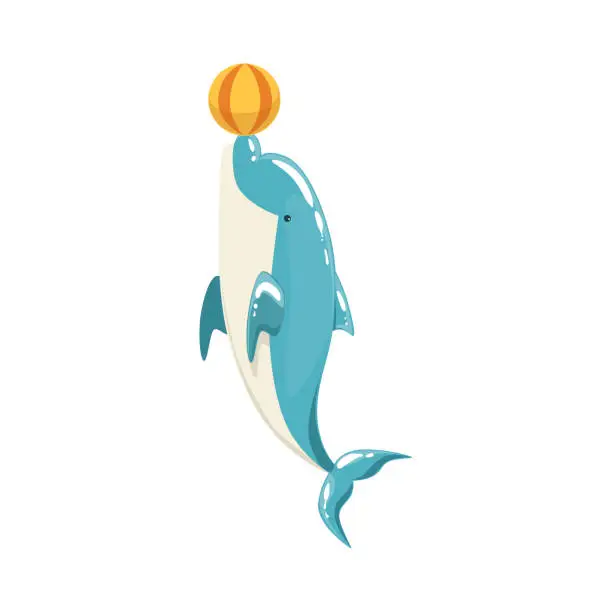 Vector illustration of Blue Bottlenose Dolphin Balancing A Ball For Entertainment Show, Realistic Aquatic Mammal Vector Drawing