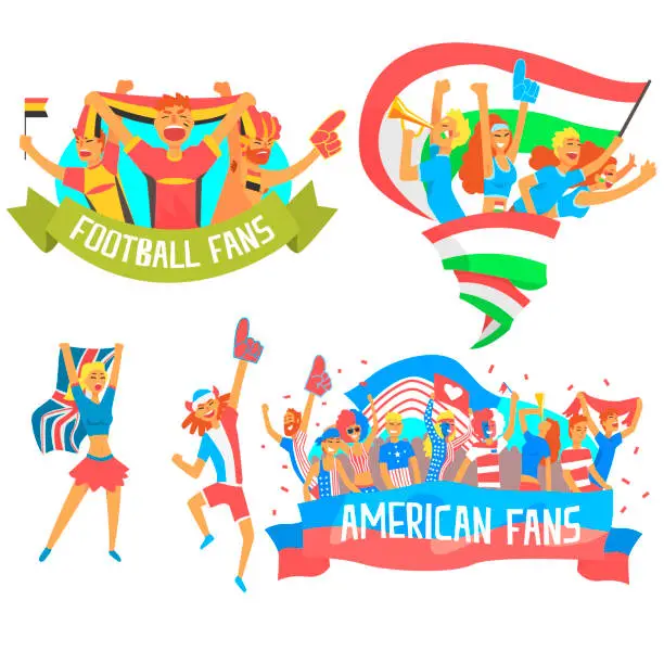 Vector illustration of Cheering Happy Crowds Of National Sport Team Fans And Devotees With Banners And Attributes Supporting