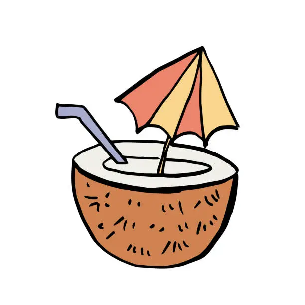 Vector illustration of Hand Drawn Fun Cartoon Style Tropical Coconut Drink