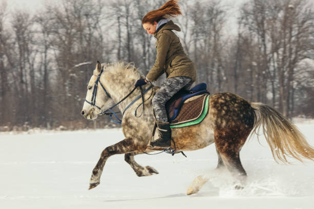istock Woman riding a horse at snow 1035136738