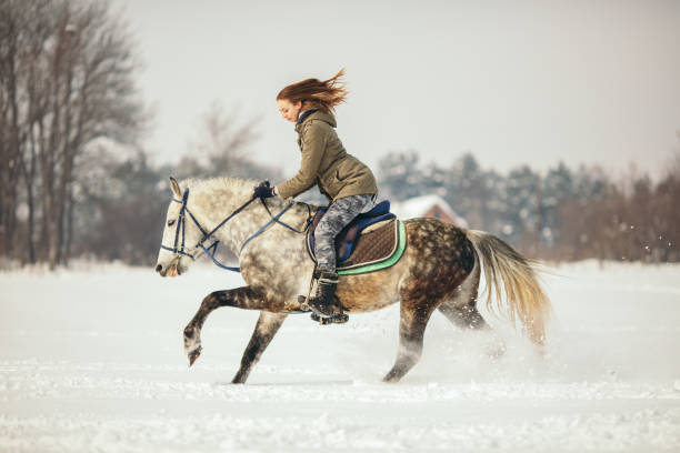 istock Woman riding a horse at snow 1035138976