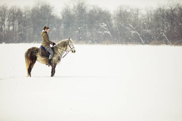 istock Woman riding a horse at snow 1035141276