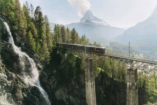 Scenic view of train on the background of Matterhorn mountain