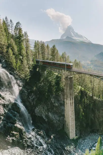 Scenic view of train on the background of Matterhorn mountain