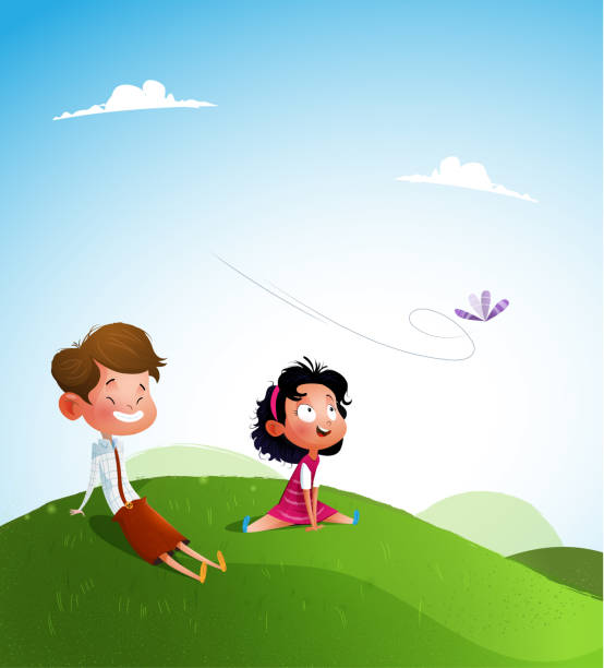 Happy kids jumping together during a sunny day Happy kids sitting together during. Summer vacation. Childhood concept illustration. Vector play day stock illustrations