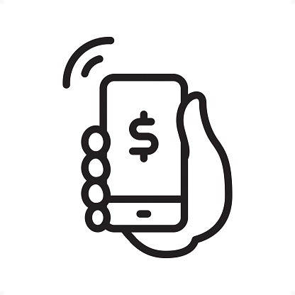 Mobile Payment — Professional outline black and white vector icon.
Pixel Perfect Principle - icon designed in 64x64 pixel grid, outline stroke 2 px.

Complete Outline BW board — https://www.istockphoto.com/collaboration/boards/74OULCFeYkmRh_V_l8wKCg