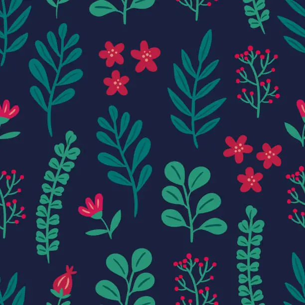 Vector illustration of Seamless colorful floral pattern with wild red flowers on dark blue background. Simple scandinavian style.