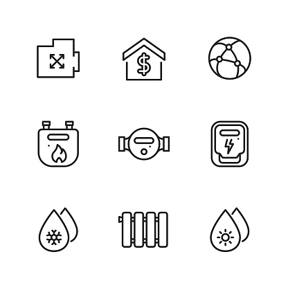Home Utilities and Supply Meters theme related outline vector icon set.

First row of outline icons contains: 
Area icon, Public utilities, Internet provider;

Second row contains: 
Domestic Gas Meter, Water meter flow, Electricity meter;

Third row contains: 
Cold water supply, Radiator, Hot water supply.

9 Outline style black and white icons / Set #21 /Pixel Perfect Principle - all the icons are designed in 64x64 px grid, outline stroke 2 px / Complete Outline 3x3 PRO collection - https://www.istockphoto.com/collaboration/boards/hyo8kGplAEWxASfzDWET0Q