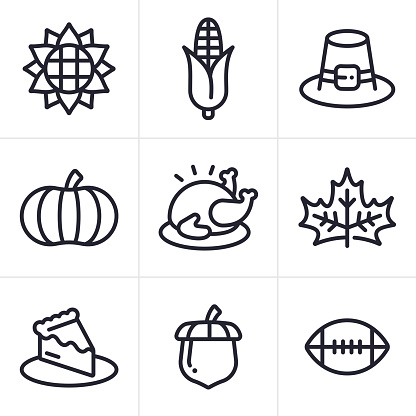 Thanksgiving fall line icons symbols.