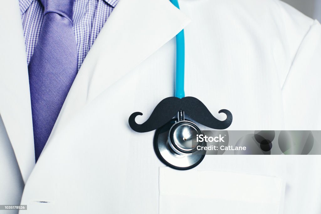 Doctor with stethoscope and mustache for prostate cancer awareness Movember Stock Photo