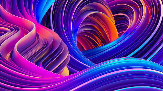 3D rendering abstract background. Fluid shapes design. Shiny wrapping foil. Twisted shapes in motion. Festive holographic backdrop. 3D rendering.