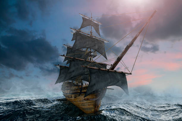 pirate ship sailing on the sea, 3D render pirate ship sailing on the sea, 3D render old boat stock pictures, royalty-free photos & images