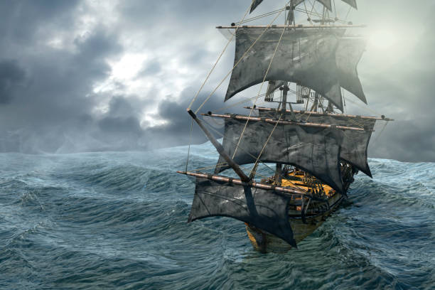 istock pirate ship sailing on the sea, 3D render 1035185330