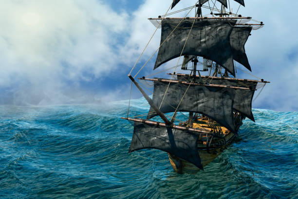 istock pirate ship sailing on the sea, 3D render 1035185366