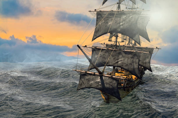 istock pirate ship sailing on the sea, 3D render 1035185368