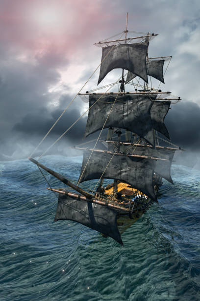 istock pirate ship sailing on the sea, 3D render 1035185400