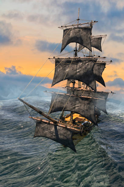 istock pirate ship sailing on the sea, 3D render 1035185514